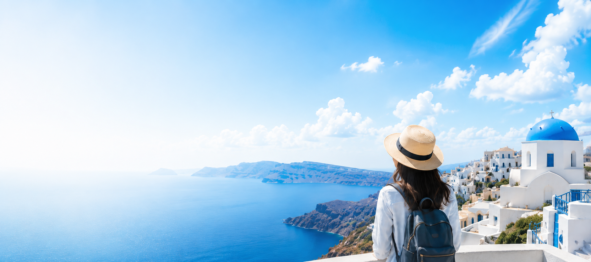 Traveller looking out over a sunny coastal town